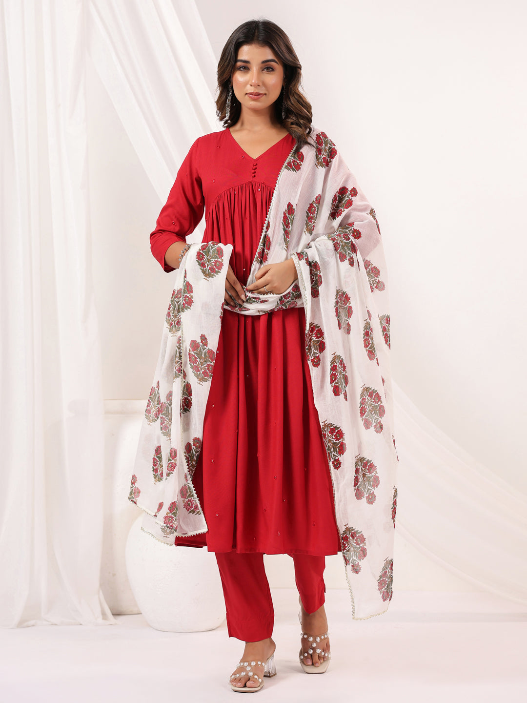 Women's Maroon Rayon Embellished Mirror Work A-line Kurta Set