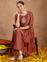 Women's Rust Silk Blend Yoke Embroidered Gold Printed A-line Kurta Set With Dupatta
