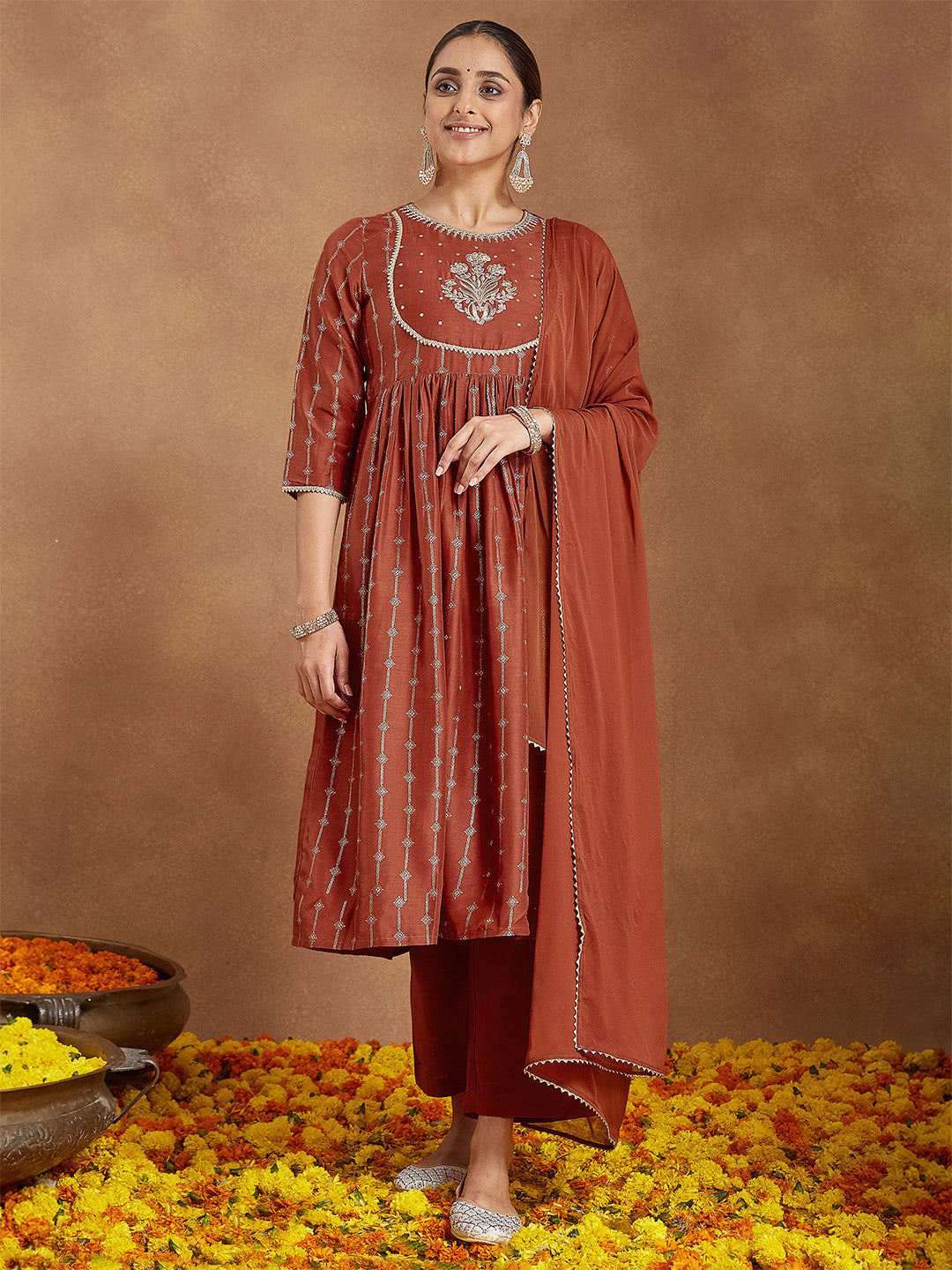 Women's Rust Silk Blend Yoke Embroidered Gold Printed A-line Kurta Set With Dupatta