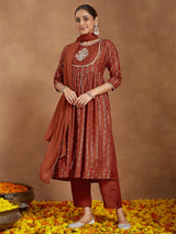 Women's Rust Silk Blend Yoke Embroidered Gold Printed A-line Kurta Set With Dupatta