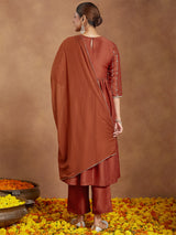 Women's Rust Silk Blend Yoke Embroidered Gold Printed A-line Kurta Set With Dupatta