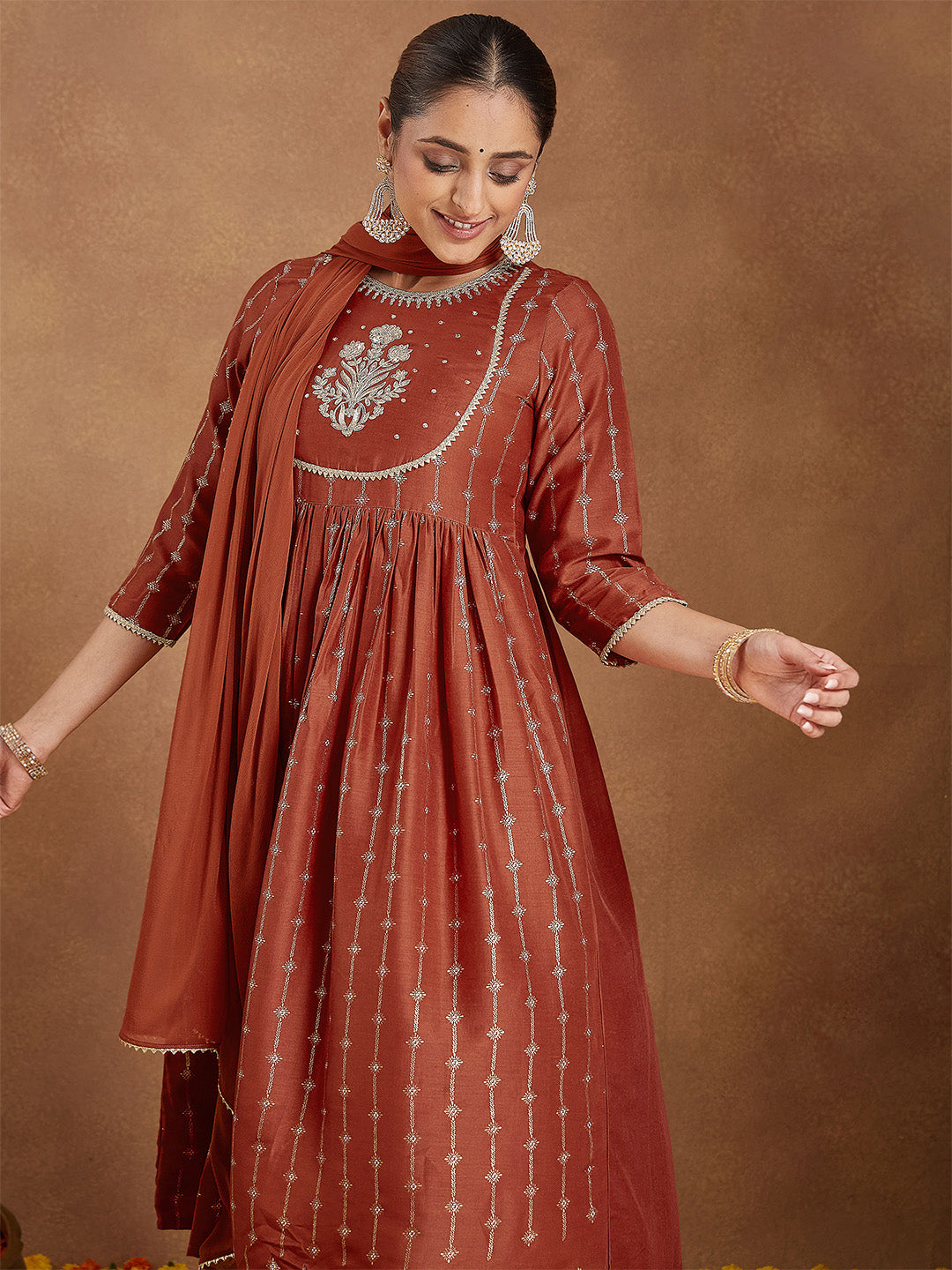 Women's Rust Silk Blend Yoke Embroidered Gold Printed A-line Kurta Set With Dupatta