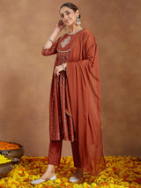 Women's Rust Silk Blend Yoke Embroidered Gold Printed A-line Kurta Set With Dupatta