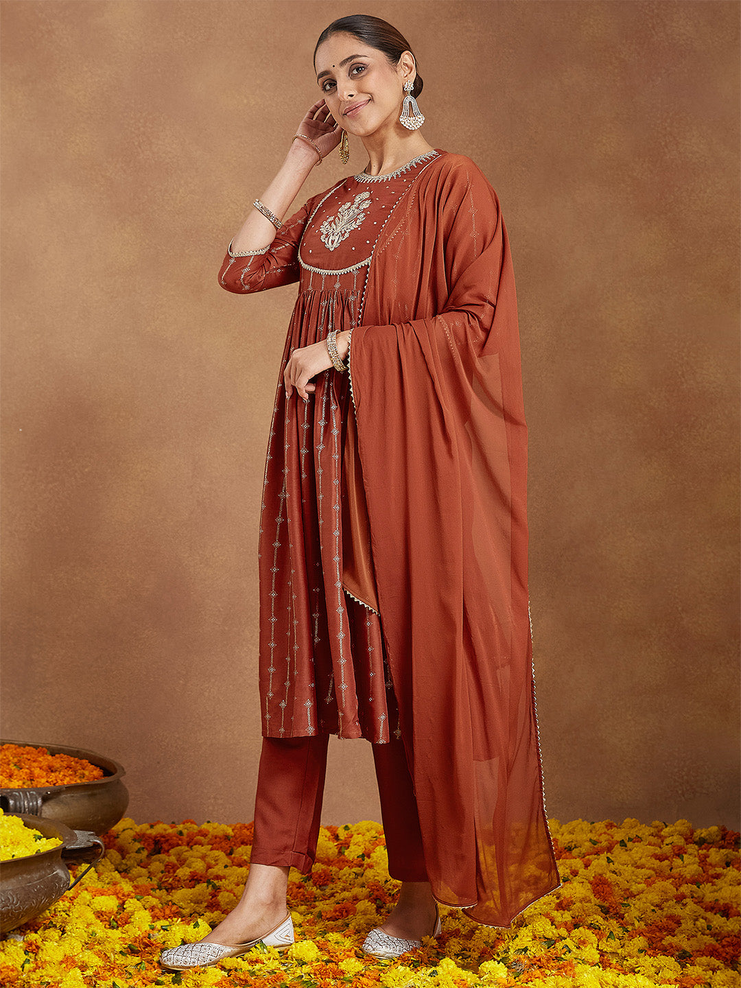 Women's Rust Silk Blend Yoke Embroidered Gold Printed A-line Kurta Set With Dupatta