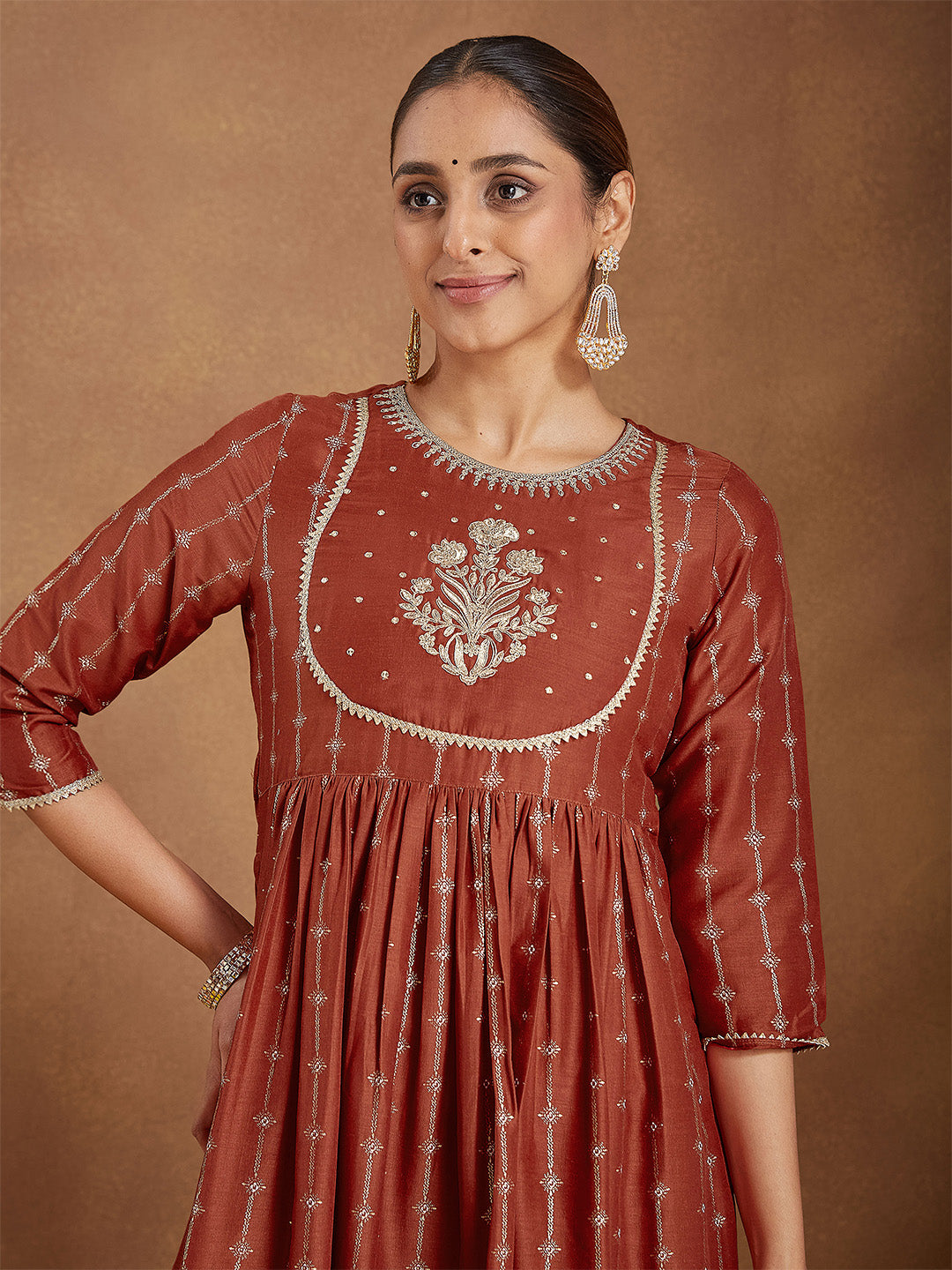Women's Rust Silk Blend Yoke Embroidered Gold Printed A-line Kurta Set With Dupatta