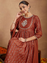 Women's Rust Silk Blend Yoke Embroidered Gold Printed A-line Kurta Set With Dupatta