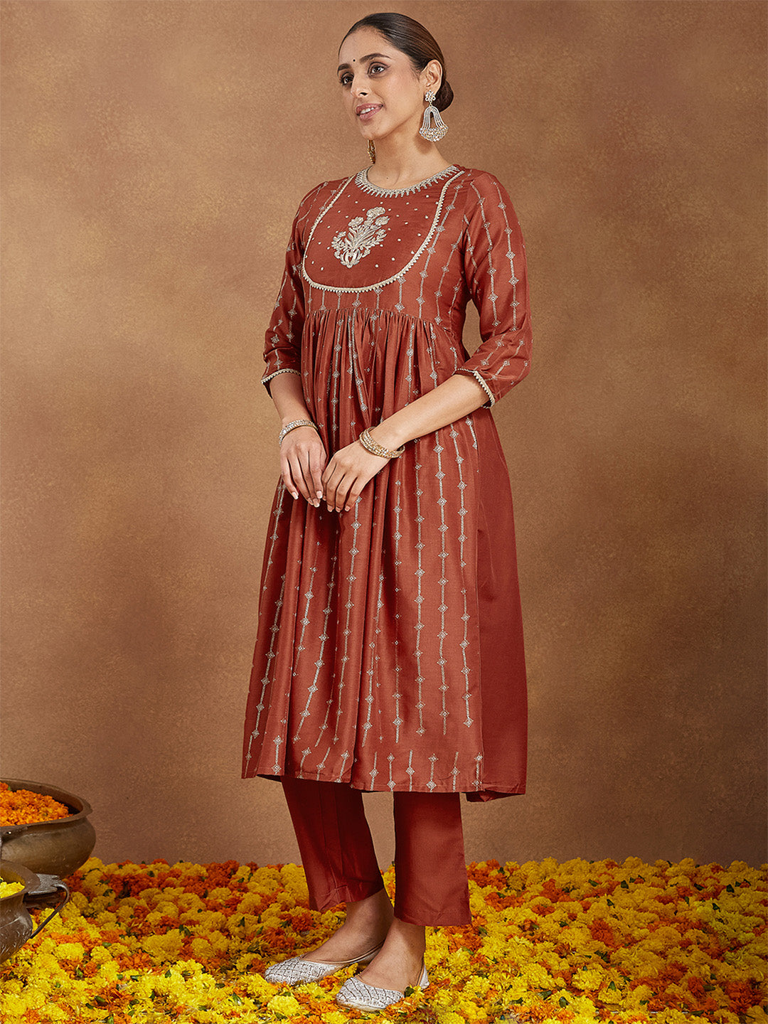 Women's Rust Silk Blend Yoke Embroidered Gold Printed A-line Kurta Set With Dupatta