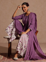 Women's Purple Pure Cotton Solid Peplum Top With Sharara & Dupatta Set