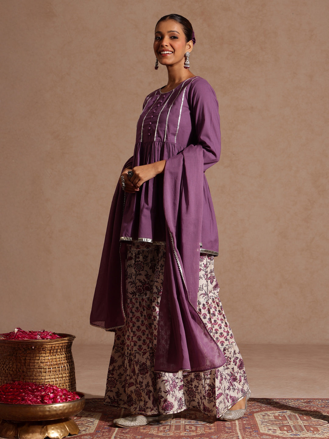 Women's Purple Pure Cotton Solid Peplum Top With Sharara & Dupatta Set