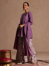 Women's Purple Pure Cotton Solid Peplum Top With Sharara & Dupatta Set