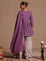 Women's Purple Pure Cotton Solid Peplum Top With Sharara & Dupatta Set