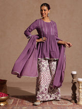 Women's Purple Pure Cotton Solid Peplum Top With Sharara & Dupatta Set