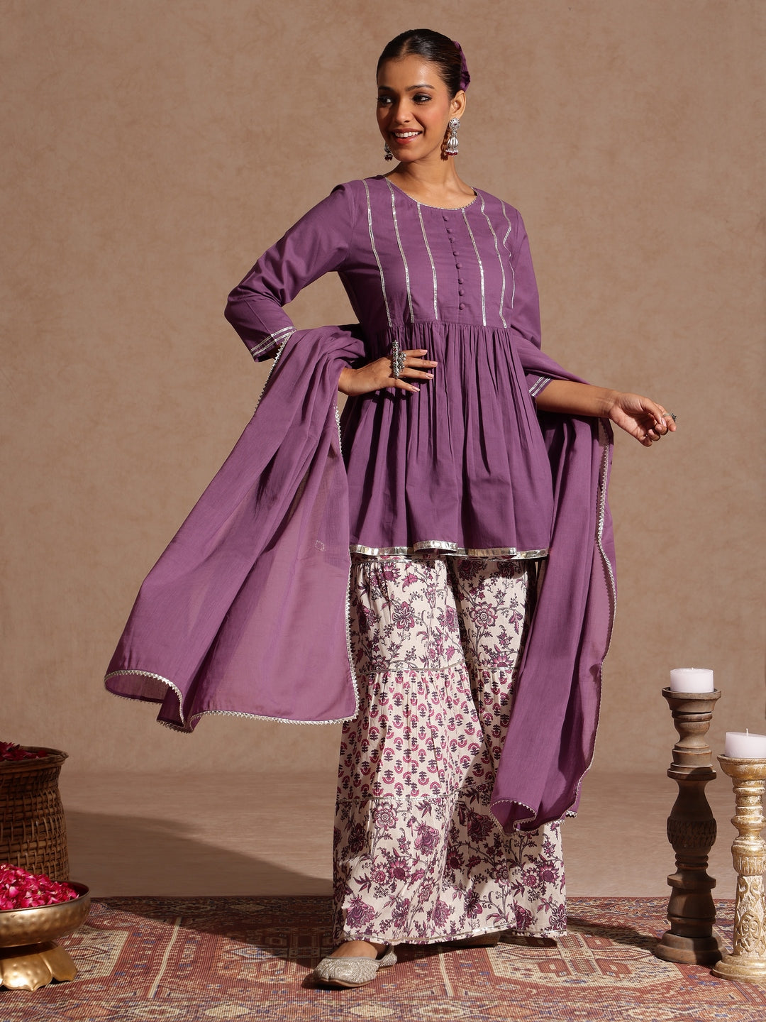 Women's Purple Pure Cotton Solid Peplum Top With Sharara & Dupatta Set