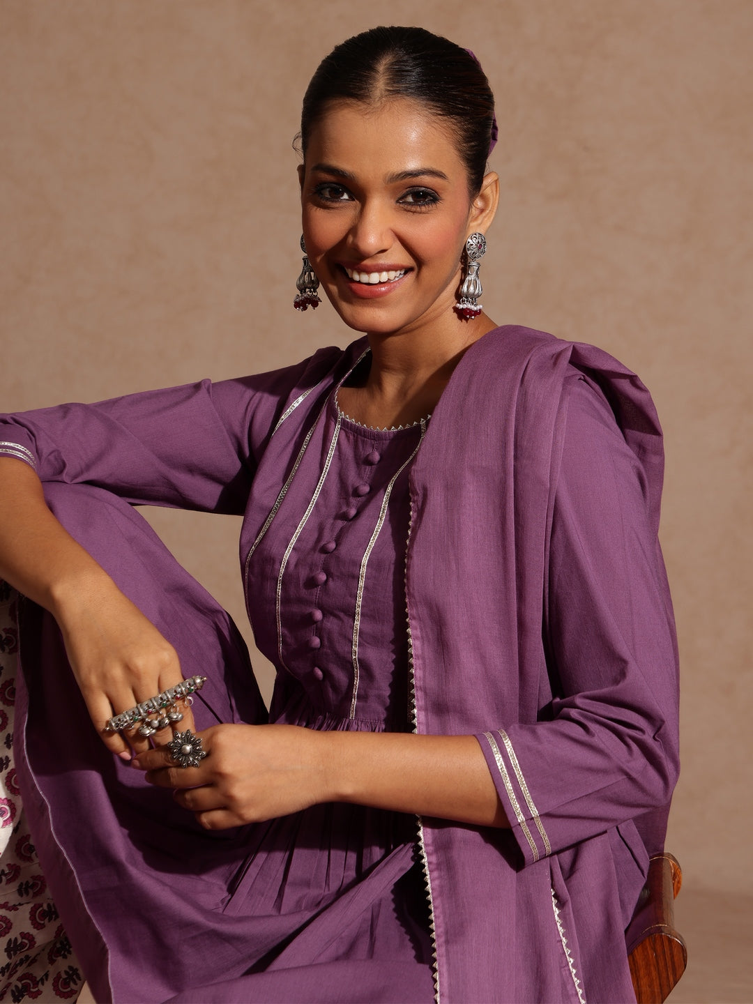 Women's Purple Pure Cotton Solid Peplum Top With Sharara & Dupatta Set