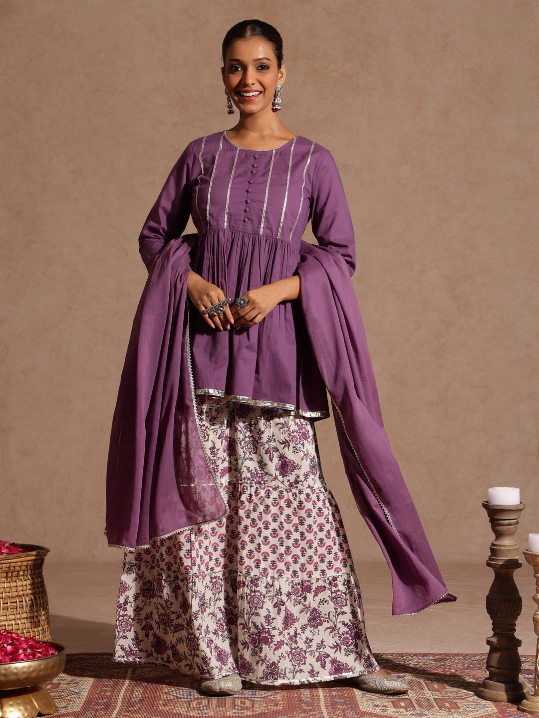 Women's Purple Pure Cotton Solid Peplum Top With Sharara & Dupatta Set