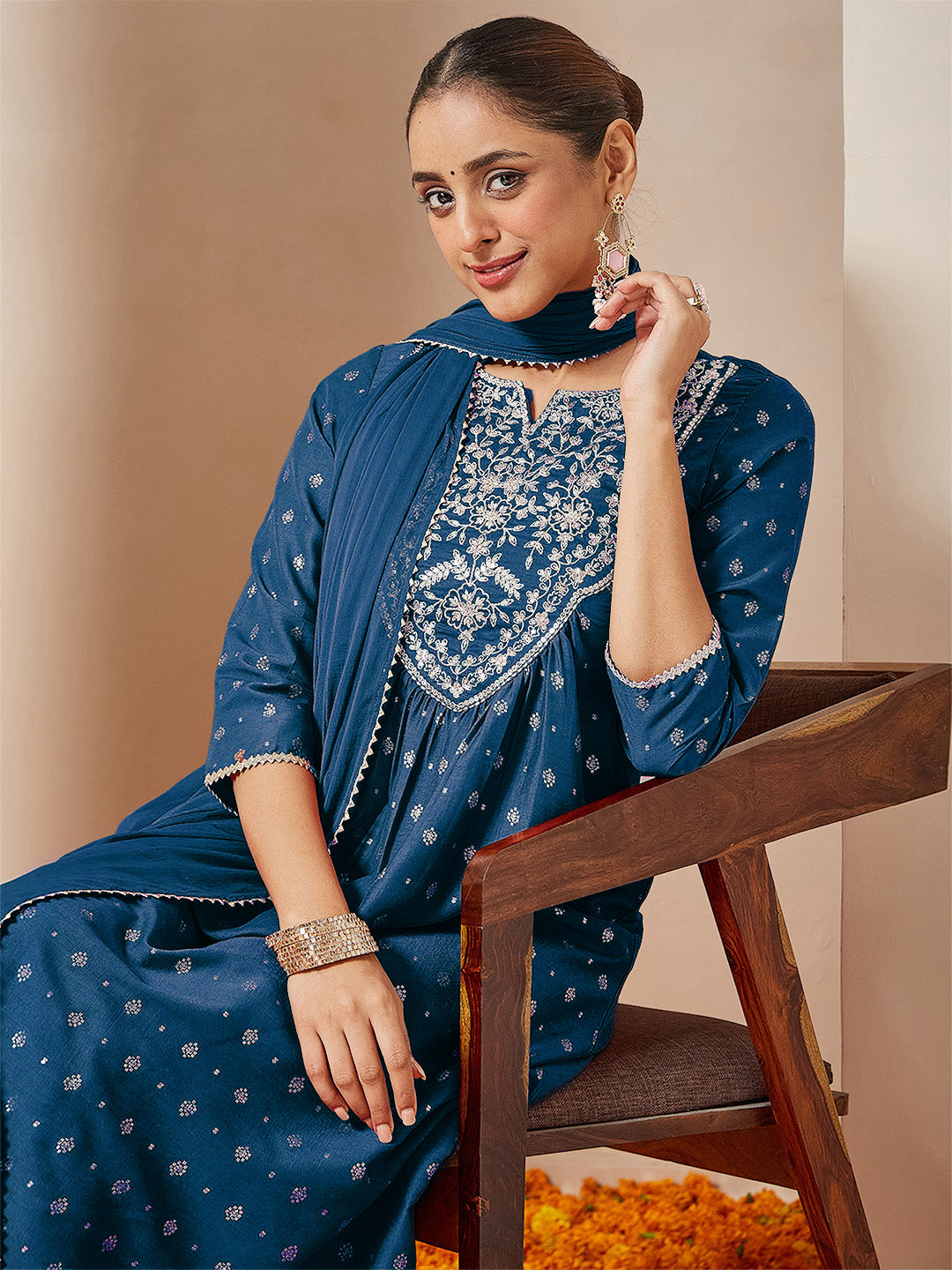 Women's Teal Blue Silk Blend Yoke Embroidered Gold Printed A-line Kurta Set With Dupatta