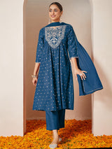 Women's Teal Blue Silk Blend Yoke Embroidered Gold Printed A-line Kurta Set With Dupatta