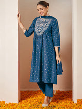 Women's Teal Blue Silk Blend Yoke Embroidered Gold Printed A-line Kurta Set With Dupatta