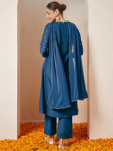 Women's Teal Blue Silk Blend Yoke Embroidered Gold Printed A-line Kurta Set With Dupatta