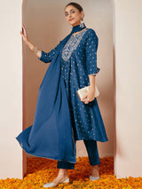 Women's Teal Blue Silk Blend Yoke Embroidered Gold Printed A-line Kurta Set With Dupatta