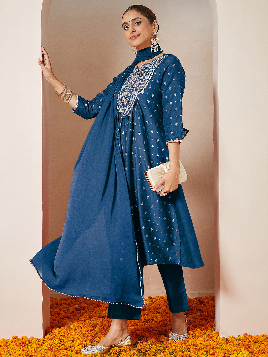 Women's Teal Blue Silk Blend Yoke Embroidered Gold Printed A-line Kurta Set With Dupatta
