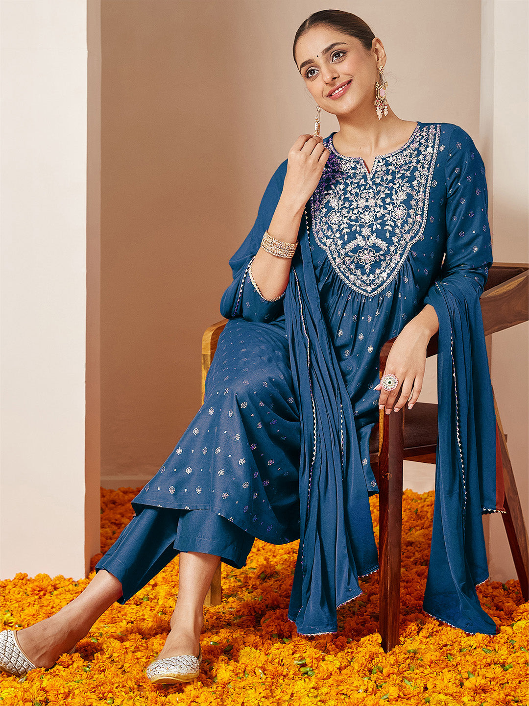 Women's Teal Blue Silk Blend Yoke Embroidered Gold Printed A-line Kurta Set With Dupatta