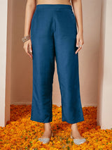 Women's Teal Blue Silk Blend Yoke Embroidered Gold Printed A-line Kurta Set With Dupatta