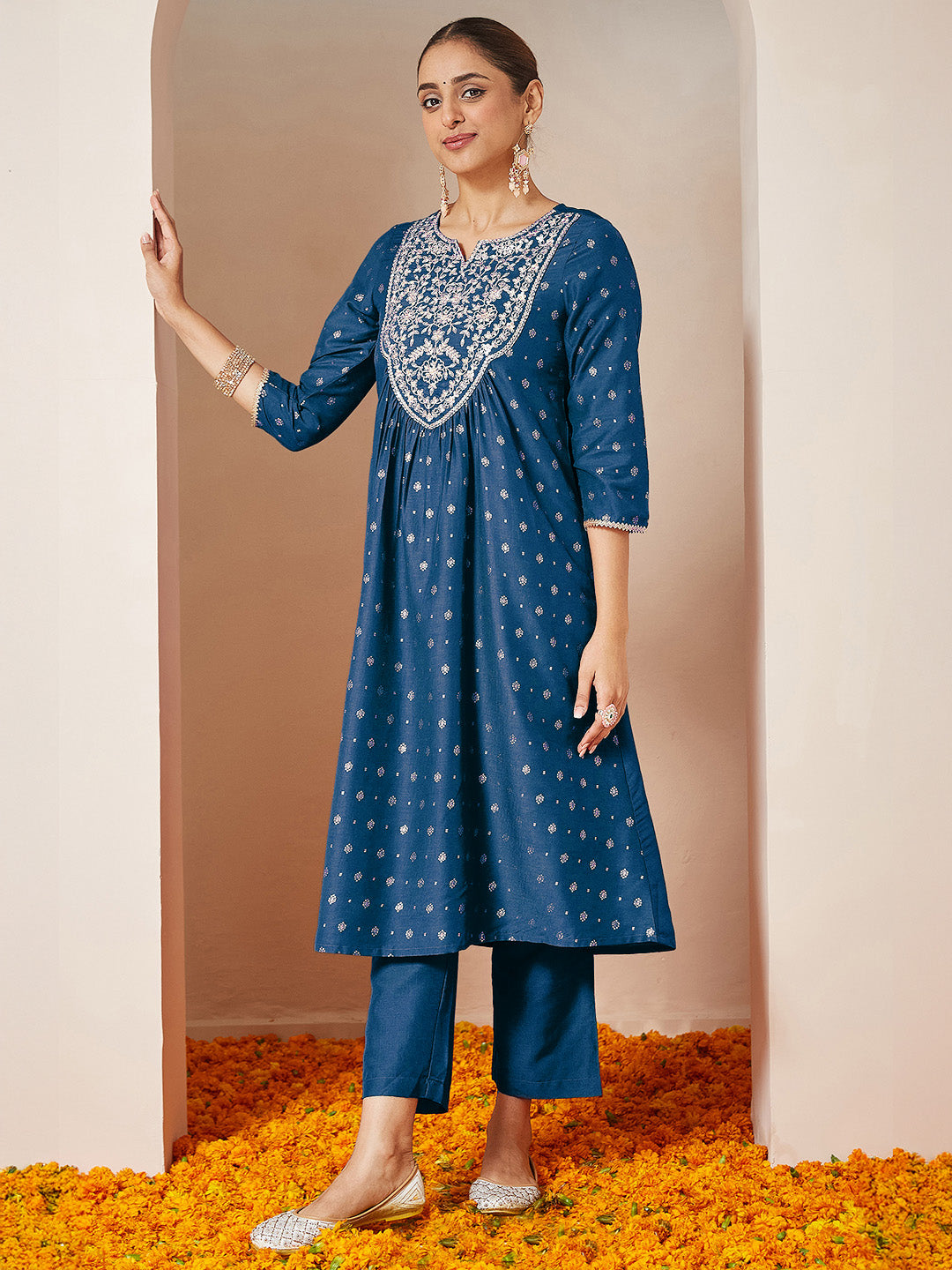 Women's Teal Blue Silk Blend Yoke Embroidered Gold Printed A-line Kurta Set With Dupatta