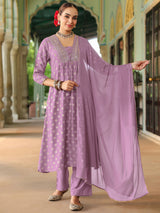 Women's Lavender Silk Blend Embellished Gold Printed A-line Kurta Set With Dupatta