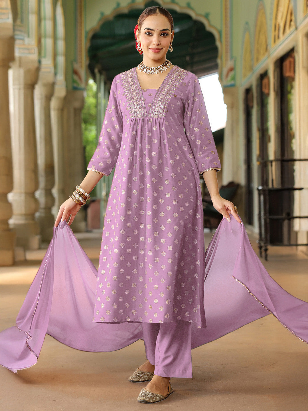Women's Lavender Silk Blend Embellished Gold Printed A-line Kurta Set With Dupatta
