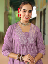 Women's Lavender Silk Blend Embellished Gold Printed A-line Kurta Set With Dupatta