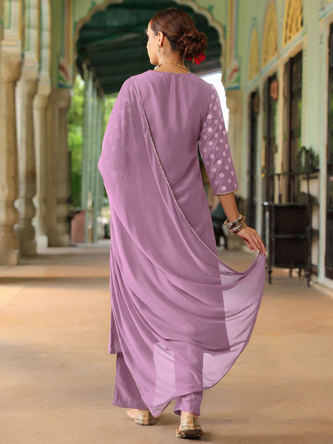 Women's Lavender Silk Blend Embellished Gold Printed A-line Kurta Set With Dupatta