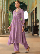 Women's Lavender Silk Blend Embellished Gold Printed A-line Kurta Set With Dupatta
