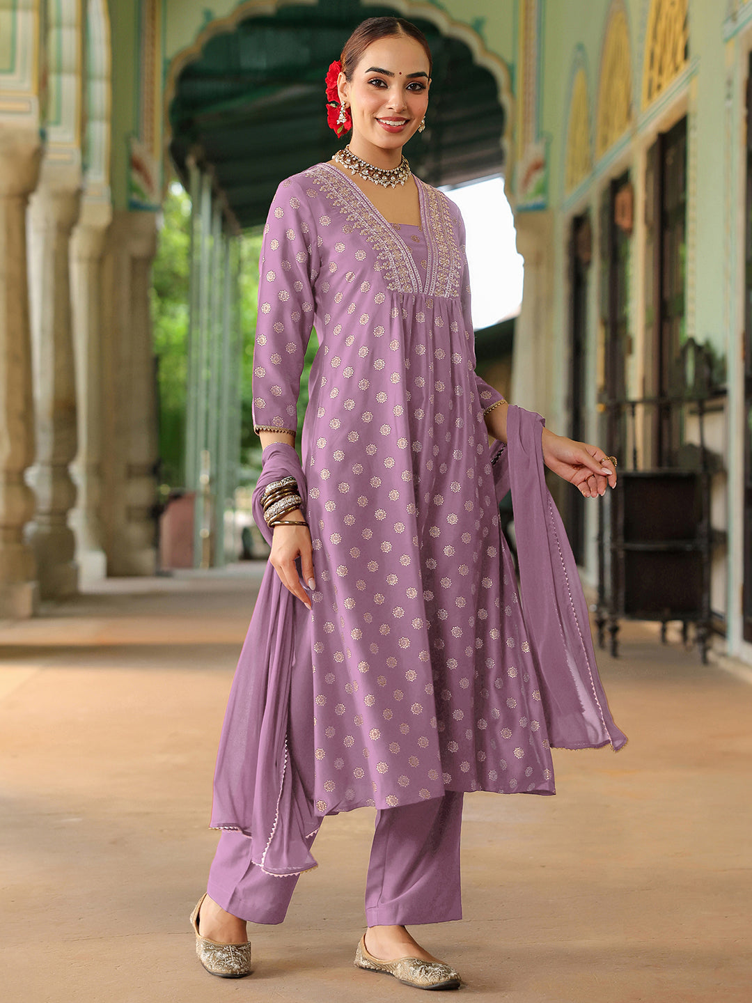 Women's Lavender Silk Blend Embellished Gold Printed A-line Kurta Set With Dupatta