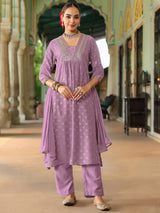 Women's Lavender Silk Blend Embellished Gold Printed A-line Kurta Set With Dupatta