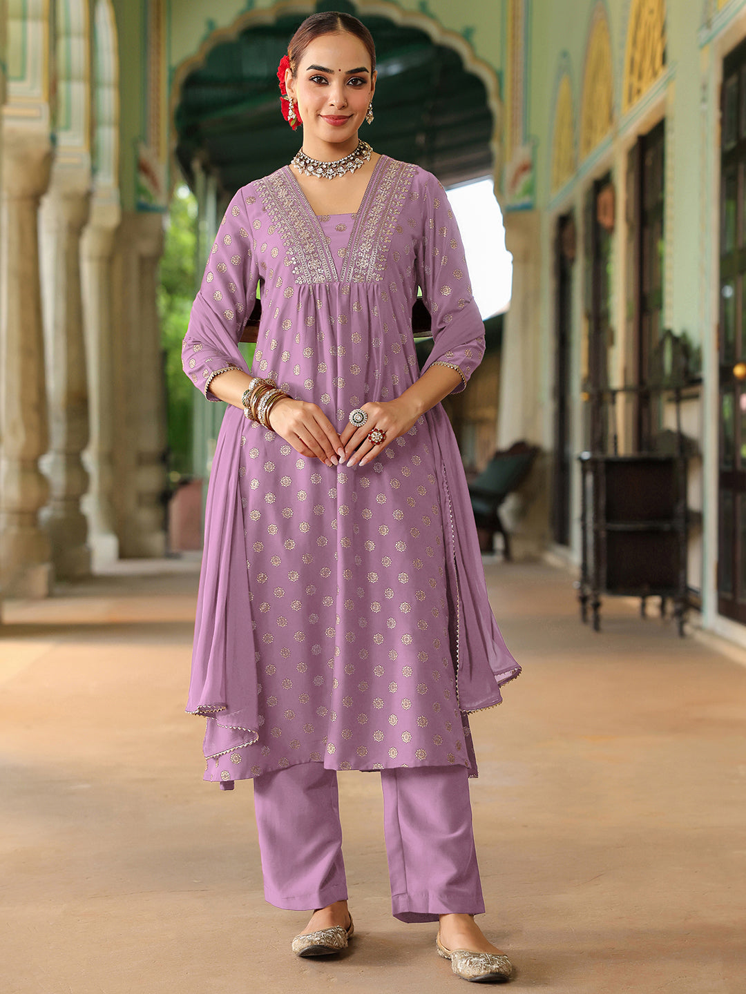 Women's Lavender Silk Blend Embellished Gold Printed A-line Kurta Set With Dupatta
