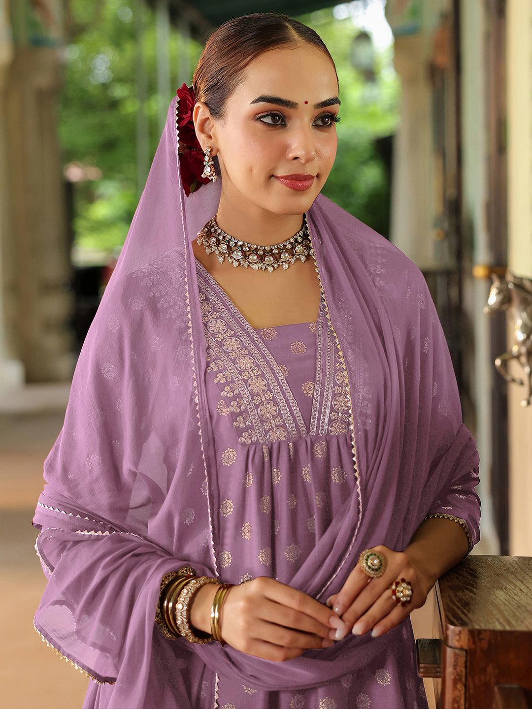 Women's Lavender Silk Blend Embellished Gold Printed A-line Kurta Set With Dupatta