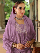 Women's Lavender Silk Blend Embellished Gold Printed A-line Kurta Set With Dupatta