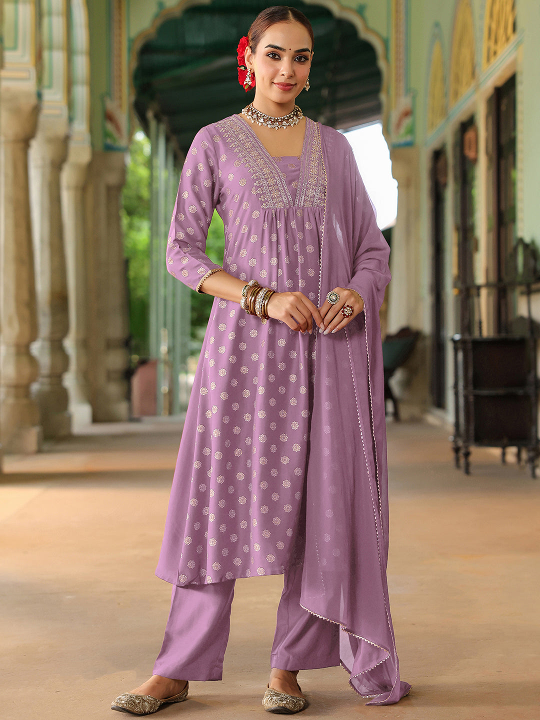 Women's Lavender Silk Blend Embellished Gold Printed A-line Kurta Set With Dupatta