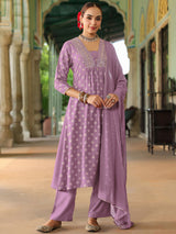 Women's Lavender Silk Blend Embellished Gold Printed A-line Kurta Set With Dupatta