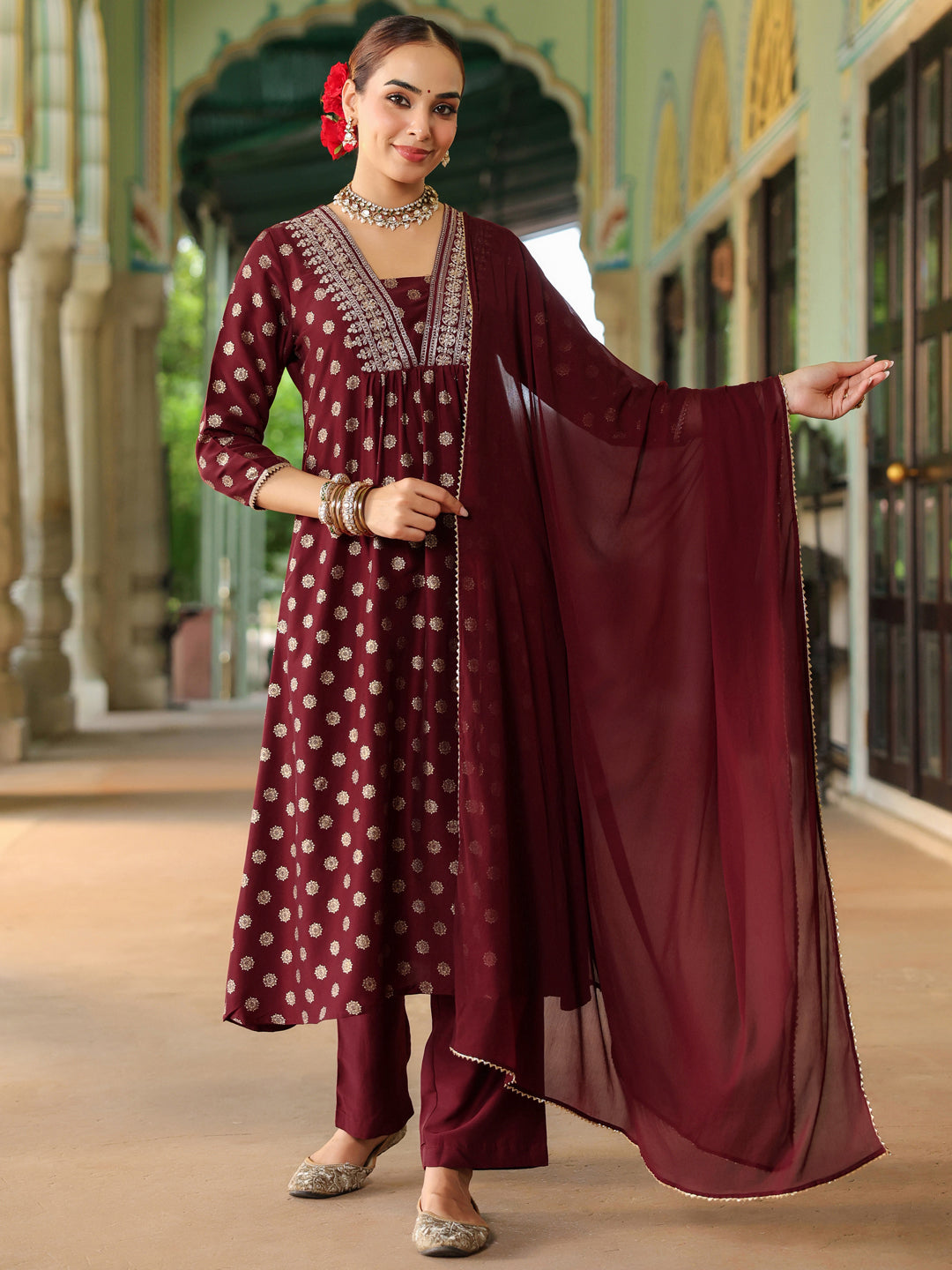 Women's Maroon Silk Blend Embellished Gold Printed A-line Kurta Set With Dupatta