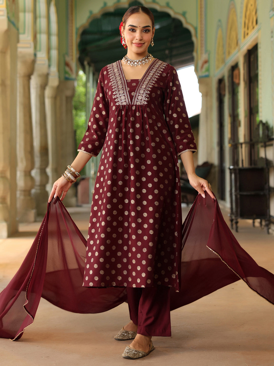 Women's Maroon Silk Blend Embellished Gold Printed A-line Kurta Set With Dupatta