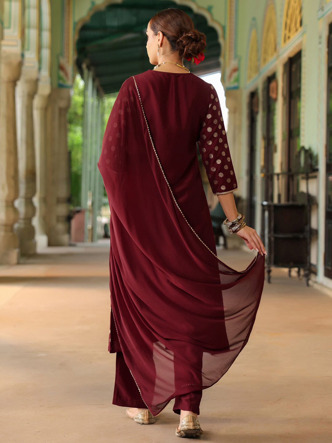 Women's Maroon Silk Blend Embellished Gold Printed A-line Kurta Set With Dupatta