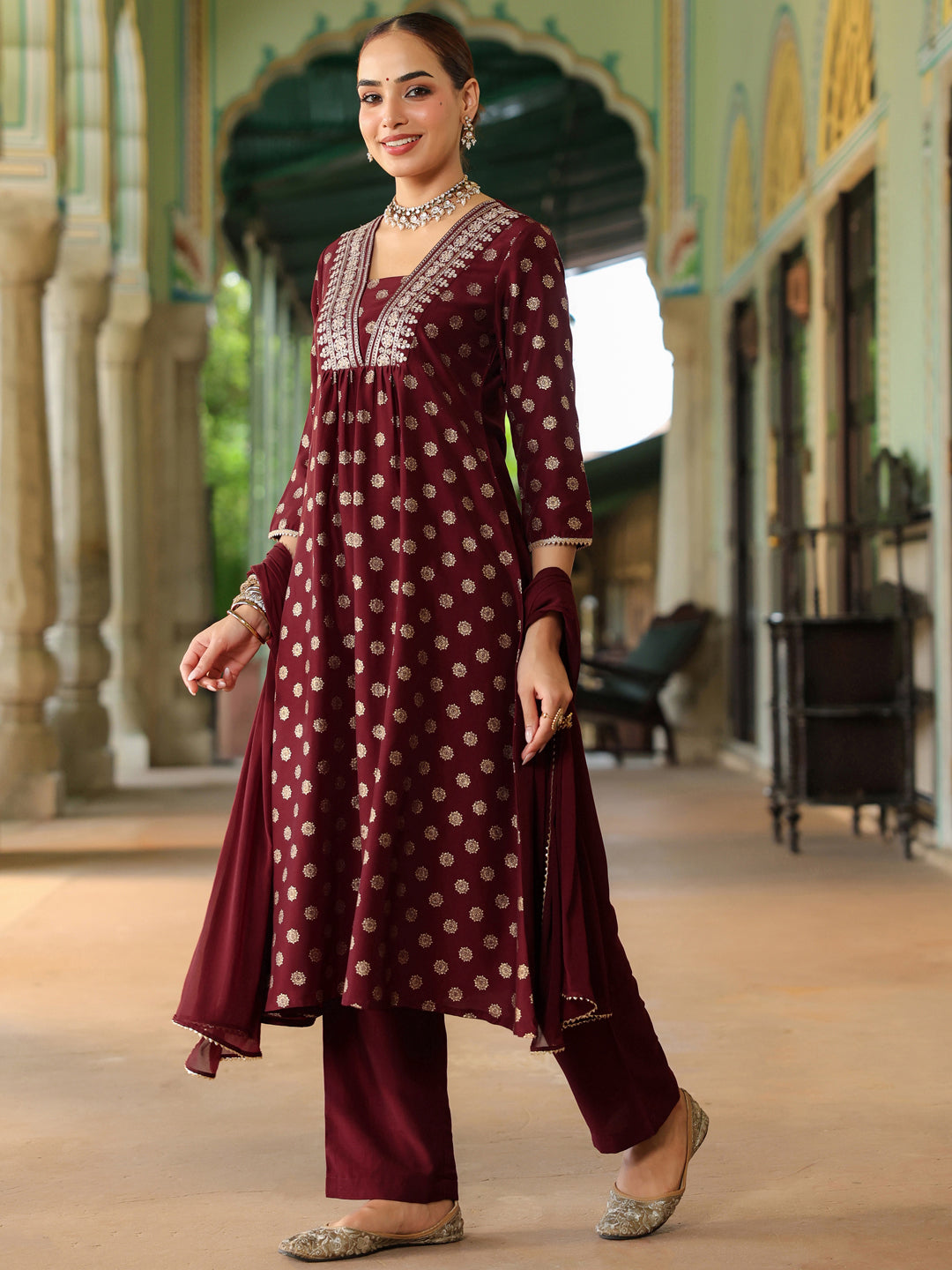 Women's Maroon Silk Blend Embellished Gold Printed A-line Kurta Set With Dupatta