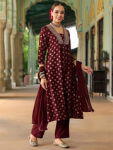 Women's Maroon Silk Blend Embellished Gold Printed A-line Kurta Set With Dupatta