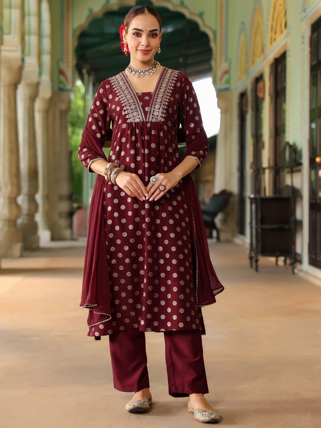 Women's Maroon Silk Blend Embellished Gold Printed A-line Kurta Set With Dupatta