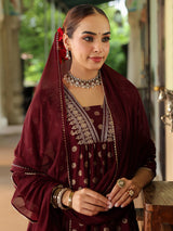 Women's Maroon Silk Blend Embellished Gold Printed A-line Kurta Set With Dupatta