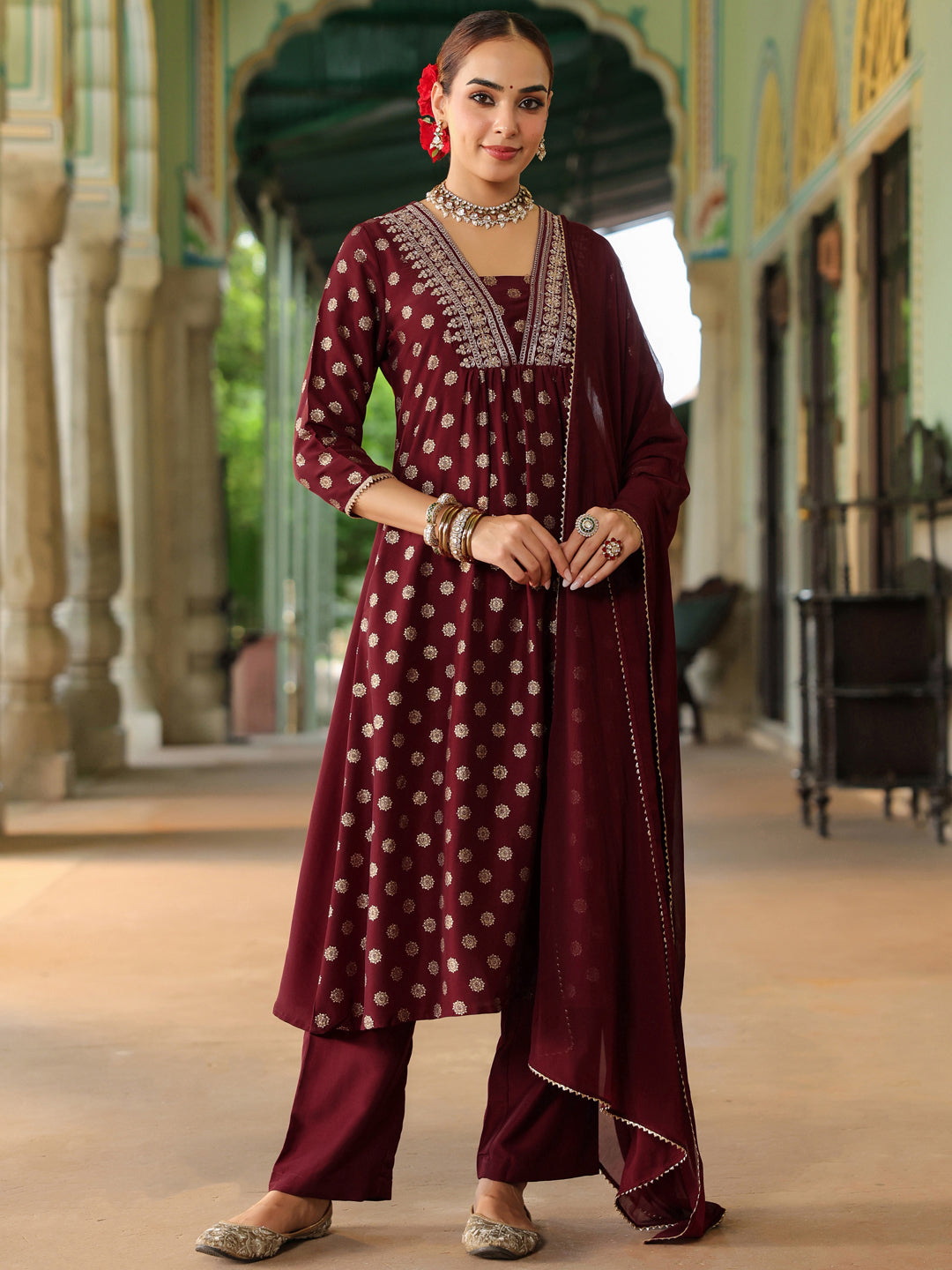 Women's Maroon Silk Blend Embellished Gold Printed A-line Kurta Set With Dupatta