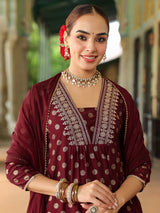 Women's Maroon Silk Blend Embellished Gold Printed A-line Kurta Set With Dupatta