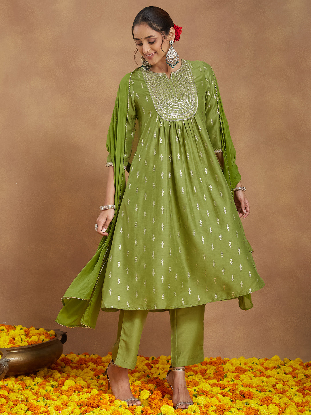 Women's Lime Green Silk Blend Zari Yoke Embroidered Gold Printed A-line Kurta Set